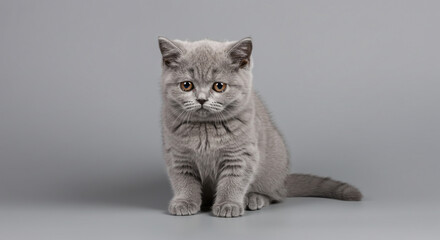A gray british shorthair kitten sitting on a gray surface looking forward with a soft expression on its face