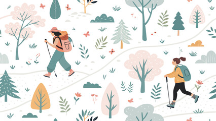 Seamless vector pattern featuring people enjoying nature, ideal for various design projects.