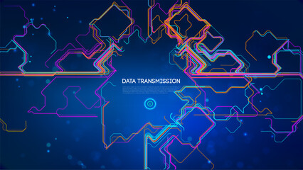 Futuristic data transmission concept with glowing neon circuit lines on dark blue background, digital network, technology flow, abstract communication, and cyber connectivity design