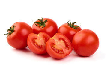 Ripe fresh tomatoes, close-up, isolated on white background.