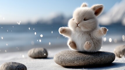 Cute fluffy rabbit sits peacefully on a stone, meditating amid falling snow in a stunning arctic setting featuring mountains and ocean