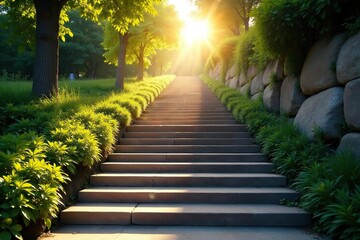Obraz premium A long staircase ascending outdoors, sunlight illuminating the steps , way, building, down