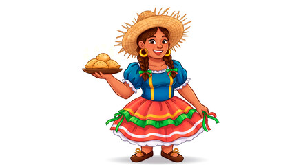 Illustration of a smiling woman in traditional attire holding a plate of food, ready for a celebration, against a white backdrop.