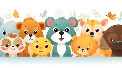 Fototapeta premium Whimsical Flat Layout Featuring Cute Animals for Decorative Backgrounds