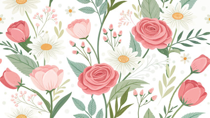 Seamless vector pattern featuring a vibrant floral design with roses and tulips.