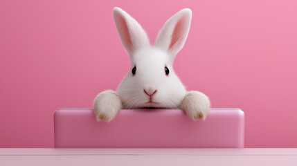 Obraz premium Cute white bunny peeking over a pink surface against a solid pink background. 