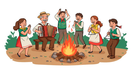 Group of people, wearing folk clothing, playing music and dancing around a bonfire, having fun together in nature.
