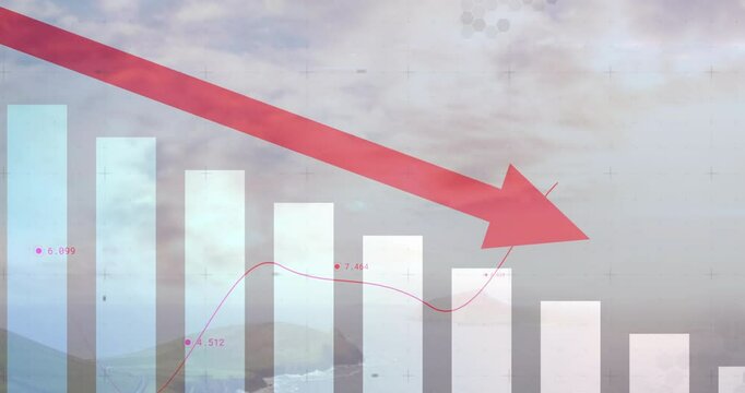 Red arrow sliding across translucent bar chart over coastal landscape, showing magenta trend line