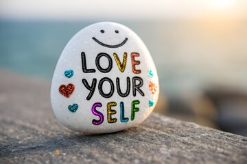 Stone's message: A hand-painted stone encourages self-love, surrounded by an inspirational message of kindness and positivity, sitting on a weathered surface with blurred serene background.
