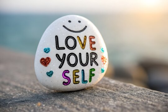 Stone's message: A hand-painted stone encourages self-love, surrounded by an inspirational message of kindness and positivity, sitting on a weathered surface with blurred serene background.