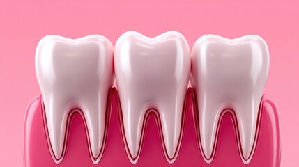 Three healthy teeth with gums are shown against a vibrant pink background in this detailed illustration.