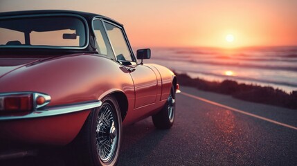 A stunning red classic convertible driving along a scenic coastal road at sunset with a beautiful view.
