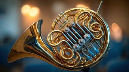 A striking close-up of a gleaming French horn, ready to produce beautiful, rich music.