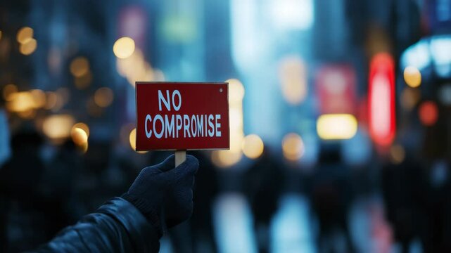 Red &lsquo;No Compromise&rsquo; Protest Sign in Gloved Hand Against Blue City Lights, Captured for Political Videos, Civic Engagement, or Editorial Use in Social Movements