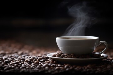 Riga, Latvia 2025-04-25 A cup of coffee sitting on top of a pile of coffee beans