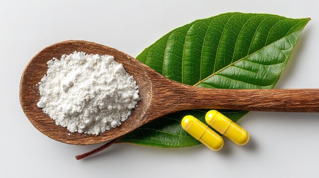 Flat lay of synthetic substance capsules and herbal leaf on white background, conceptual supplement displa