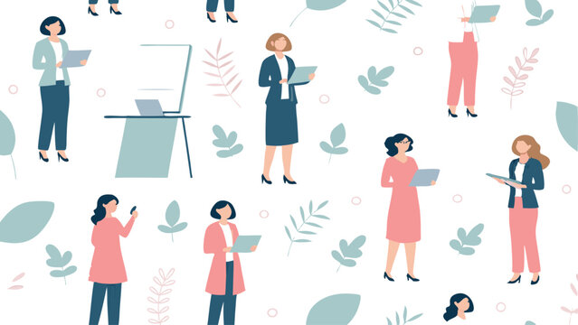 Seamless vector pattern featuring stylish women in business leadership roles, ideal for corporate branding or presentations.
