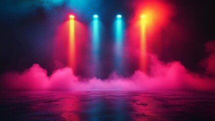 Empty theatrical stage with colorful spotlights and pink fog for concert intros, event openers, music promos, or nightclub video content in red, blue, and magenta palette