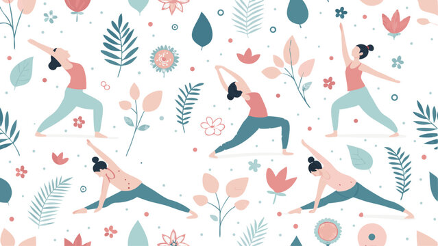 Seamless vector pattern featuring yoga poses and wellness elements, ideal for backgrounds or textile designs.