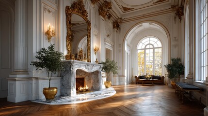 Fototapeta premium Ornate salon with roaring fireplace and golden accents