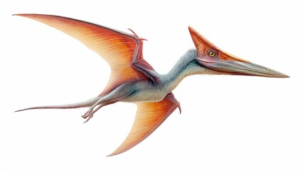 An illustration of a vibrant pterodactyl with wings extended, flying gracefully in the sky.
