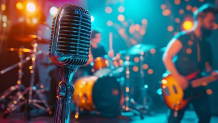 Close-up of vintage microphone with live band in blurred background for concert footage, music festival videos, and nightlife promo content in orange and blue light tones - Powered by Adobe