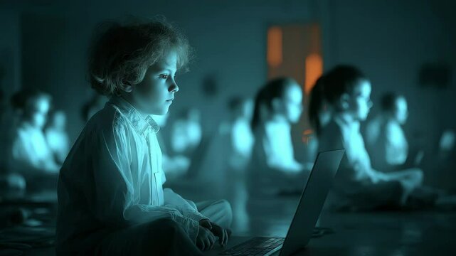 Curly-haired Caucasian boy focused on laptop in dimly lit tech classroom, ideal for educational, AI learning, or future school concepts in cool cyan and dark tones