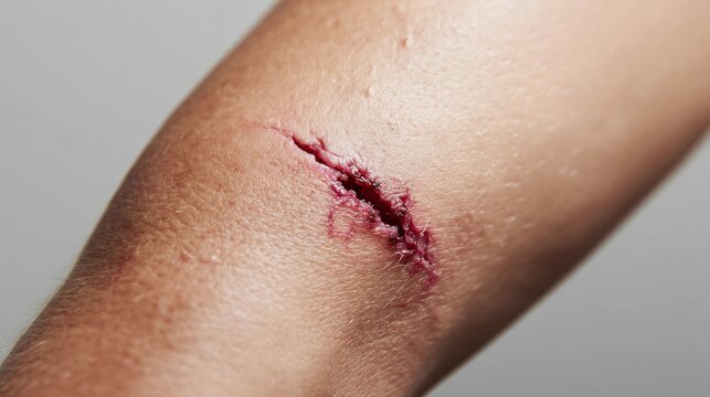 A detailed close-up of an open wound with blood on human skin, showing a cut.
