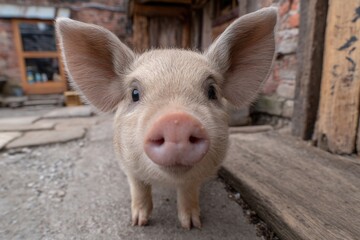 Riga, Latvia 2025-04-25 A small pig standing in front of a brick building