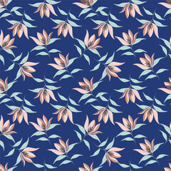 Elegant trendy vector ditsy floral seamless pattern design of beautiful abstract flowers and leaves. Foliage repeat texture background. Suitable for wallpaper, surface printing and textile