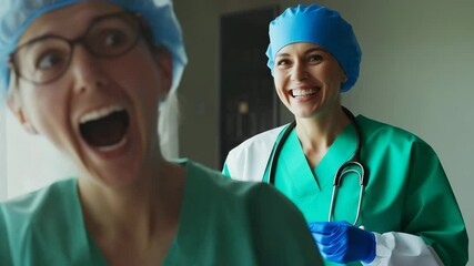 Elderly Caucasian man laughing joyfully as smiling nurse shows syringe, ideal for healthcare ads, hospital videos, elderly care campaigns, and vaccination awareness content. Soft warm lighting palette - Powered by Adobe