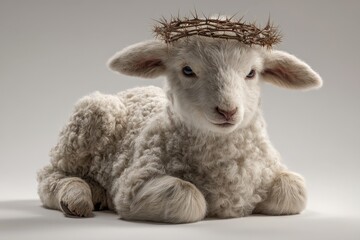 Fototapeta premium Ai image. Lamb of Innocence: This photo presents a serene lamb adorned with a crown of thorns, capturing themes of peace and spiritual significance. Evoking themes of innocence, sacrifice, and faith.