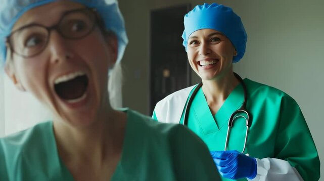 Elderly Caucasian man laughing joyfully as smiling nurse shows syringe, ideal for healthcare ads, hospital videos, elderly care campaigns, and vaccination awareness content. Soft warm lighting palette