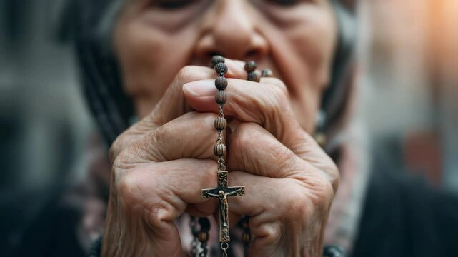 Elderly Caucasian woman praying with rosary beads in her wrinkled hands, close-up for Catholic church videos, spiritual blogs, prayer-focused campaigns, and religious heritage visuals. Warm muted tone