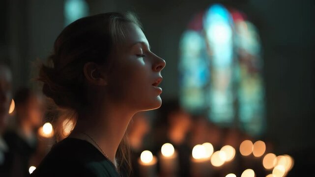 Young Caucasian woman singing during candlelight religious ceremony in church with stained glass background for Easter, worship videos, and spiritual reflections. Soft glow and low-light aesthetic.