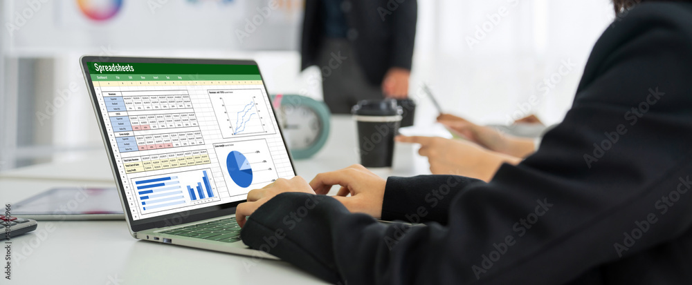 Poster spreadsheet document information financial startup concept. data and graphs in spreadsheet documents