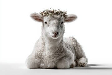 Fototapeta premium Ai image. Lamb with Crown: A serene, youthful lamb, adorned with a delicate crown of thorns, embodies innocence and grace, offering a poignant reflection of faith and devotion.