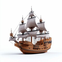 Naklejka premium A meticulously crafted wooden sailing ship model stands out against a bright, clean white background.
