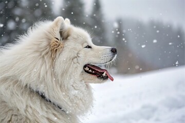Obraz premium Purebred Samoyed Grinning in Snow
