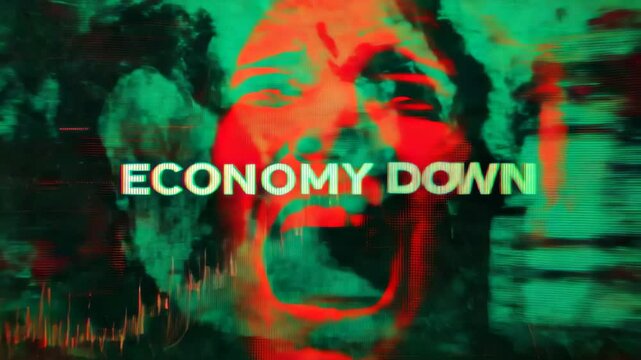 Abstract red and green glitch art with screaming face and text &lsquo;Economy Down&rsquo; for crisis videos, inflation reports, or economic collapse visual content in distorted cyberpunk style