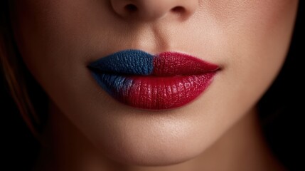 Riga, Latvia 2025-04-25  A close up of a woman's lips with red, white and blue lipstick