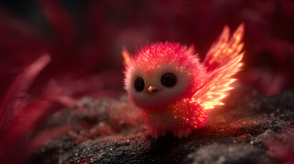 Obraz premium Glowing Red Phoenix Art Whimsical Bird Illustration Cute Fantasy Creature Digital Painting Mythical Firebird Design Unique Character Concept Imaginary Animal Artwork 