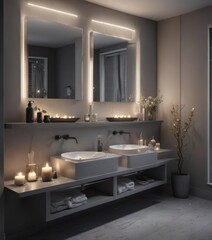 Grey bathroom, bright lighting, candles on vanity,  mood,  comfort