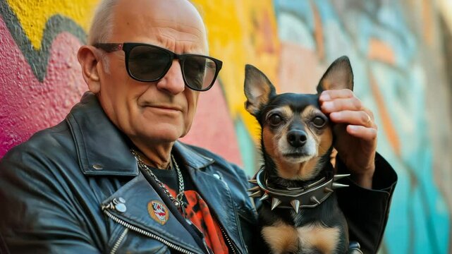 Senior punk man with sunglasses petting Chihuahua in spiked collar in front of graffiti wall for urban lifestyle, anti-age stereotypes, or street fashion video content in bold