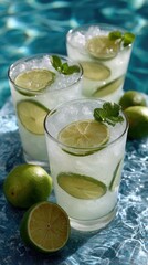Fototapeta premium Three mojitos sit on a poolside edge, reflecting light with fresh mint and lime, embodying a peaceful, minimalist vibe in natural tones