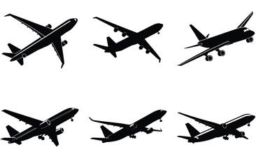 Silhouetted airplanes soar across the sky in vector flight