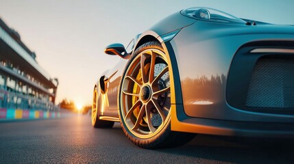 Stunning low-angle shot of a silver sports car on a race track during a beautiful sunset.