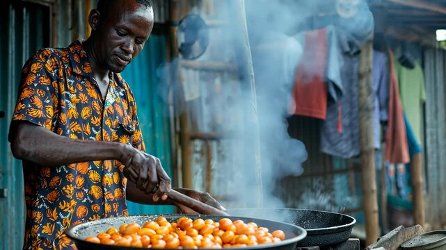 Men grilling and cooking food outside during social gathering &mdash; Selective focus