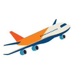 Vector illustration of a commercial airplane in flight against the sky, showcasing air travel and aviation