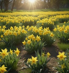 Obraz premium Sunlit daffodils burst forth in vibrant yellow against a verdant field , daytime, flowers